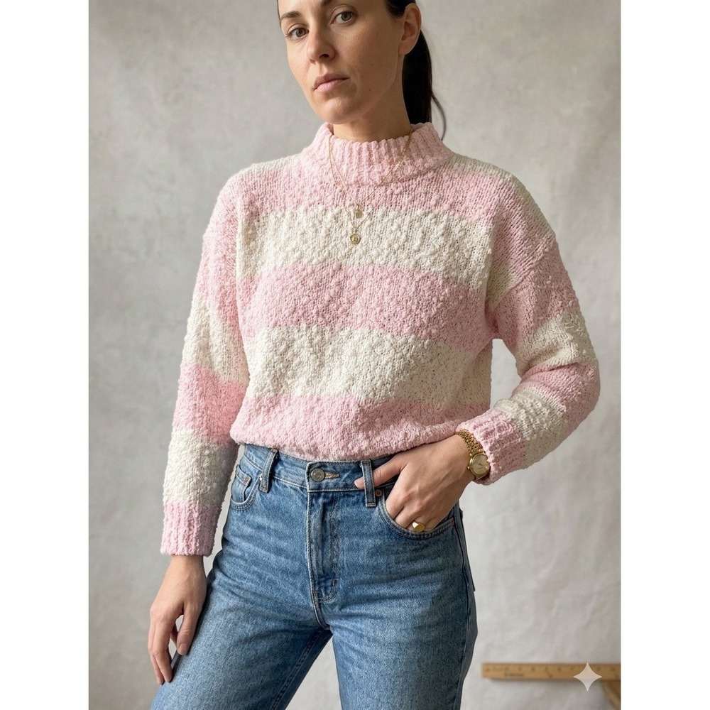 Vtg 80s Pink Striped Popcorn Knit Sweater L Coquette Soft Girl Grandmacore